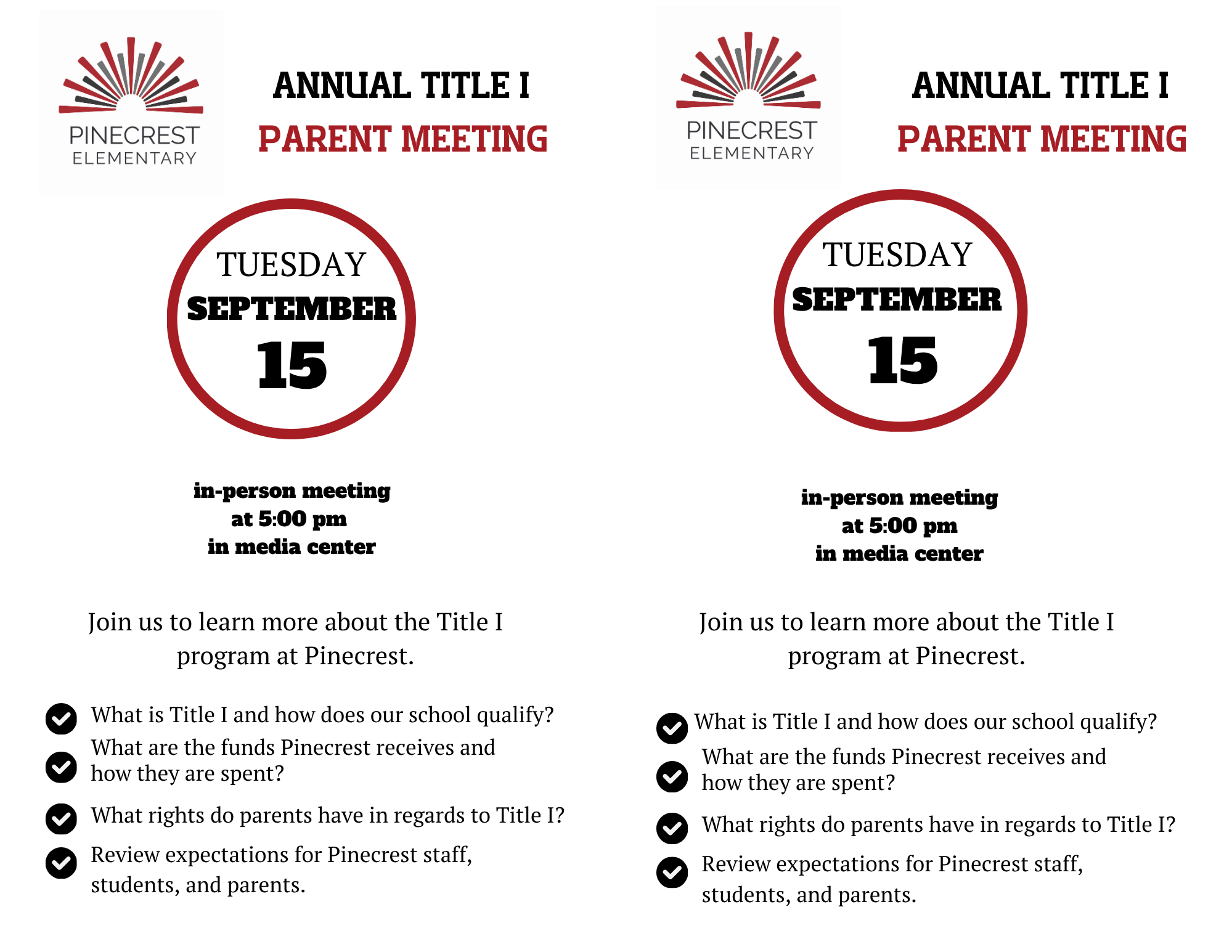 Annual Title 1 Parent Meeting Tuesday 9/15 5 p.m. - Library