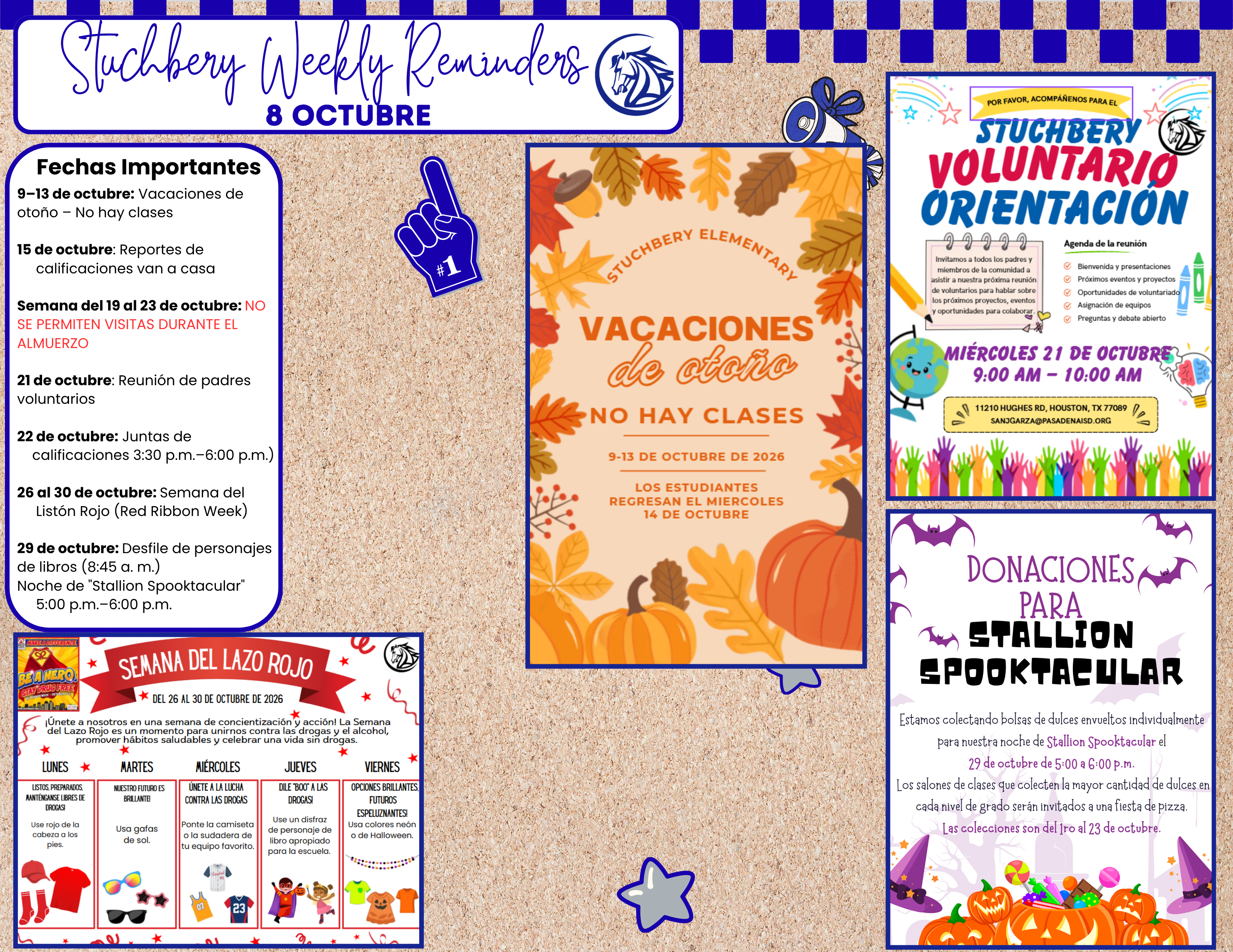 A digital newsletter titled "Stuchbery Weekly Reminders" for October 8th, featuring important dates in Spanish.