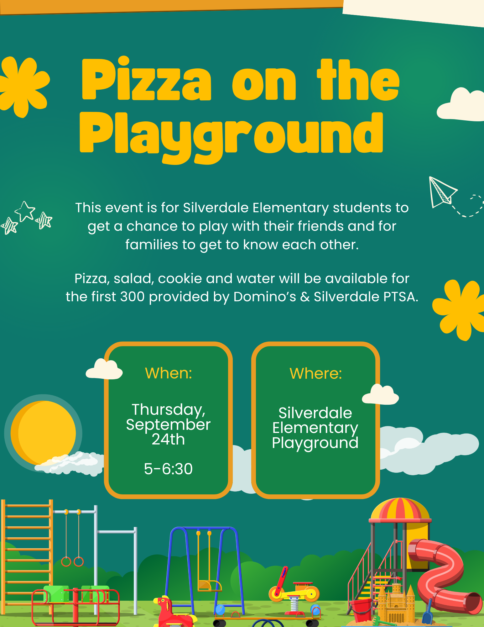 Pizza on the playground 5pm-6:30pm September 25th