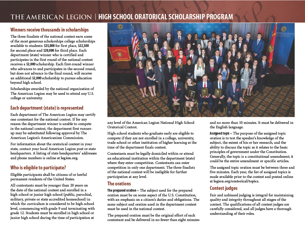 A brochure detailing the American Legion High School Oratorical Scholarship Program, featuring a large group photo of participants.