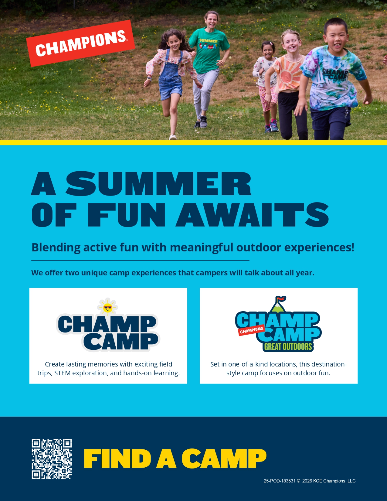 Children and an adult run across a grassy field, with a red banner reading 'CHAMPIONS'.