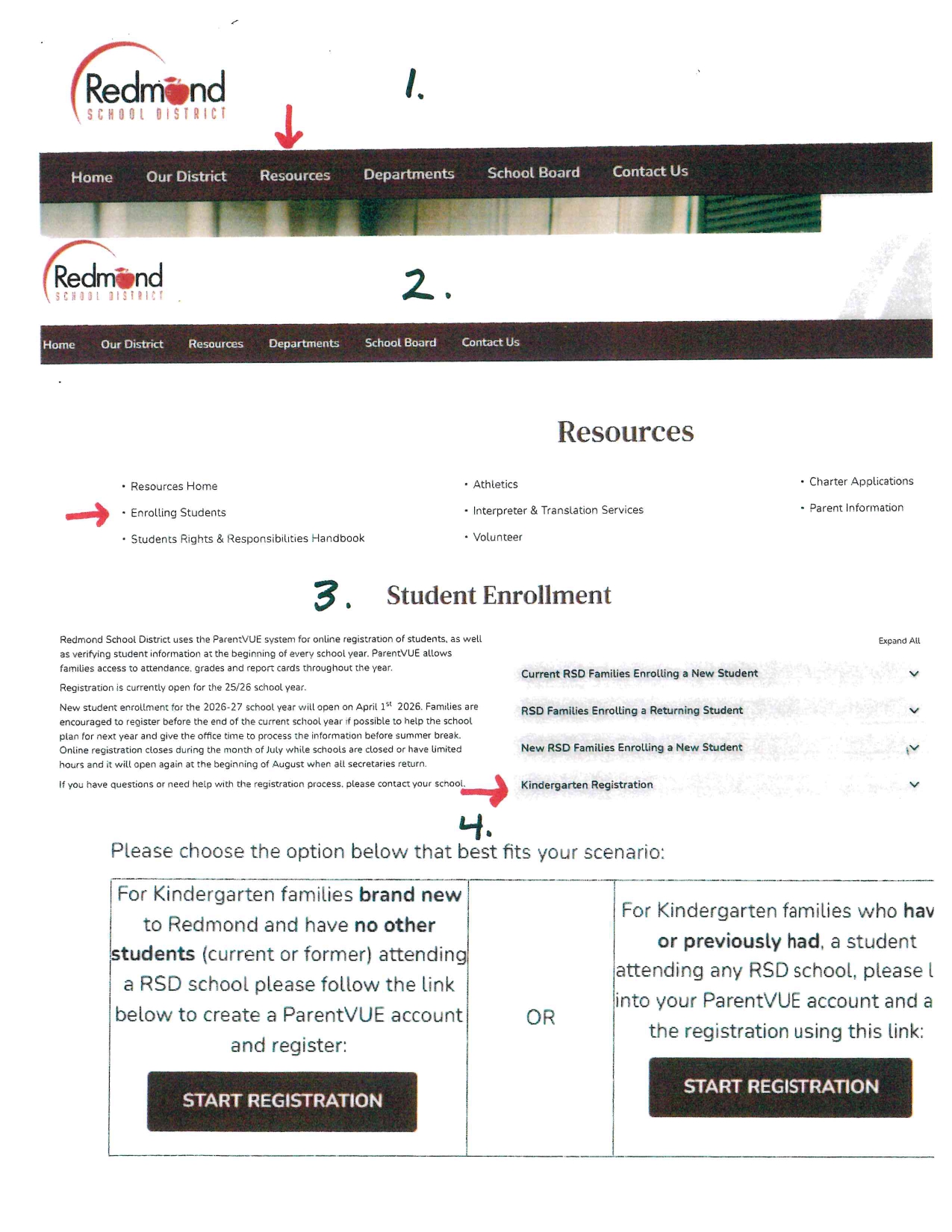 Screenshot of the Redmond School District website showing navigation and student enrollment information.