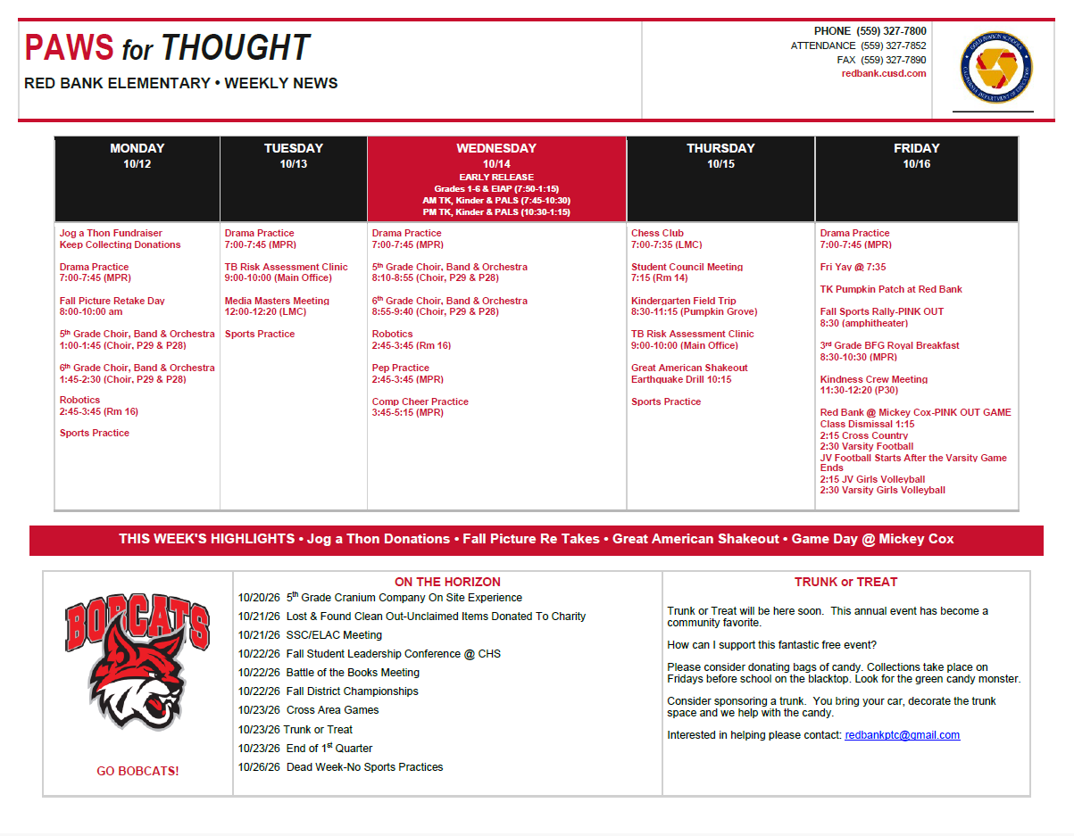 Weekly Calendar October 12-16, 2026