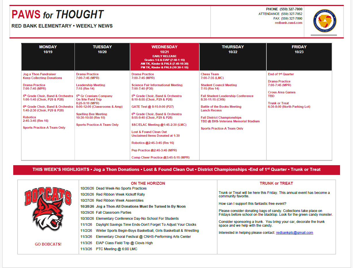 Weekly Calendar October 19-23, 2026