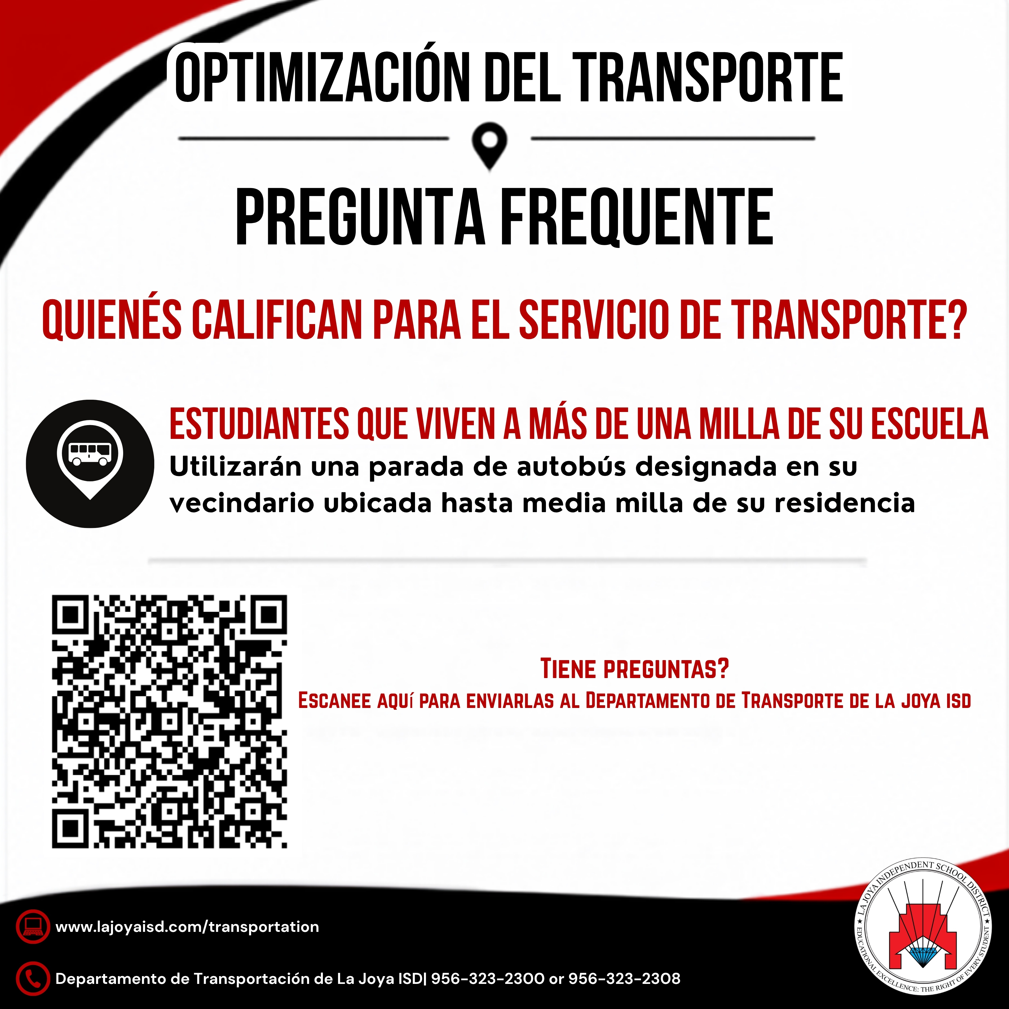 Information about transportation services for students living more than a mile from school, with a bus stop within half a mile of their residence.