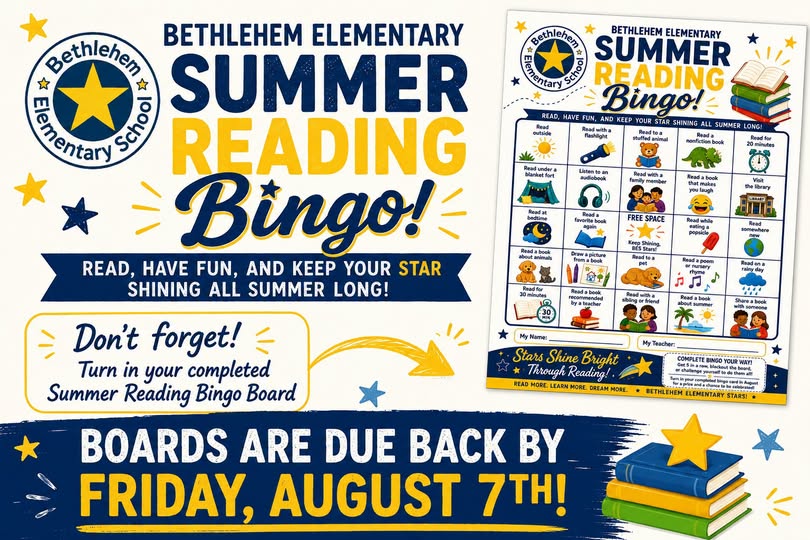 Completed Summer Reading Bingo Boards are due back to school by Friday, August 7th.