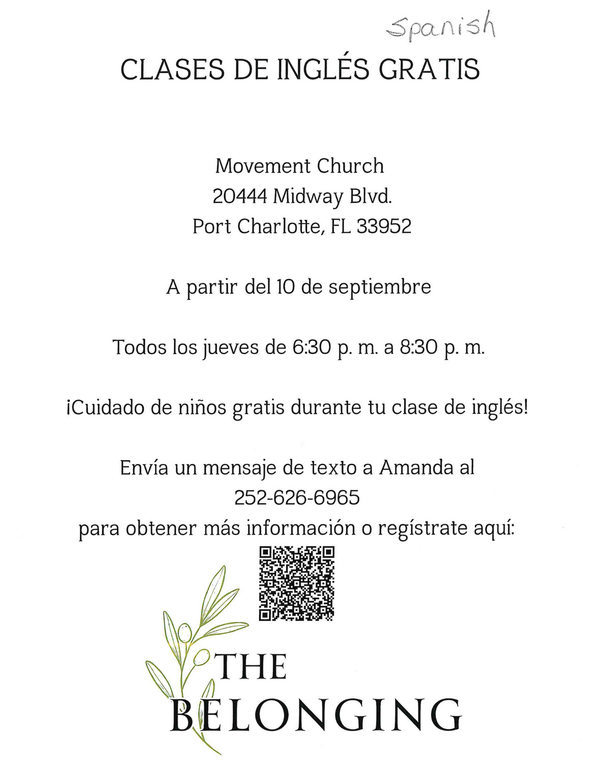 Flyer announcing free English classes at Movement Church in Port Charlotte, FL.