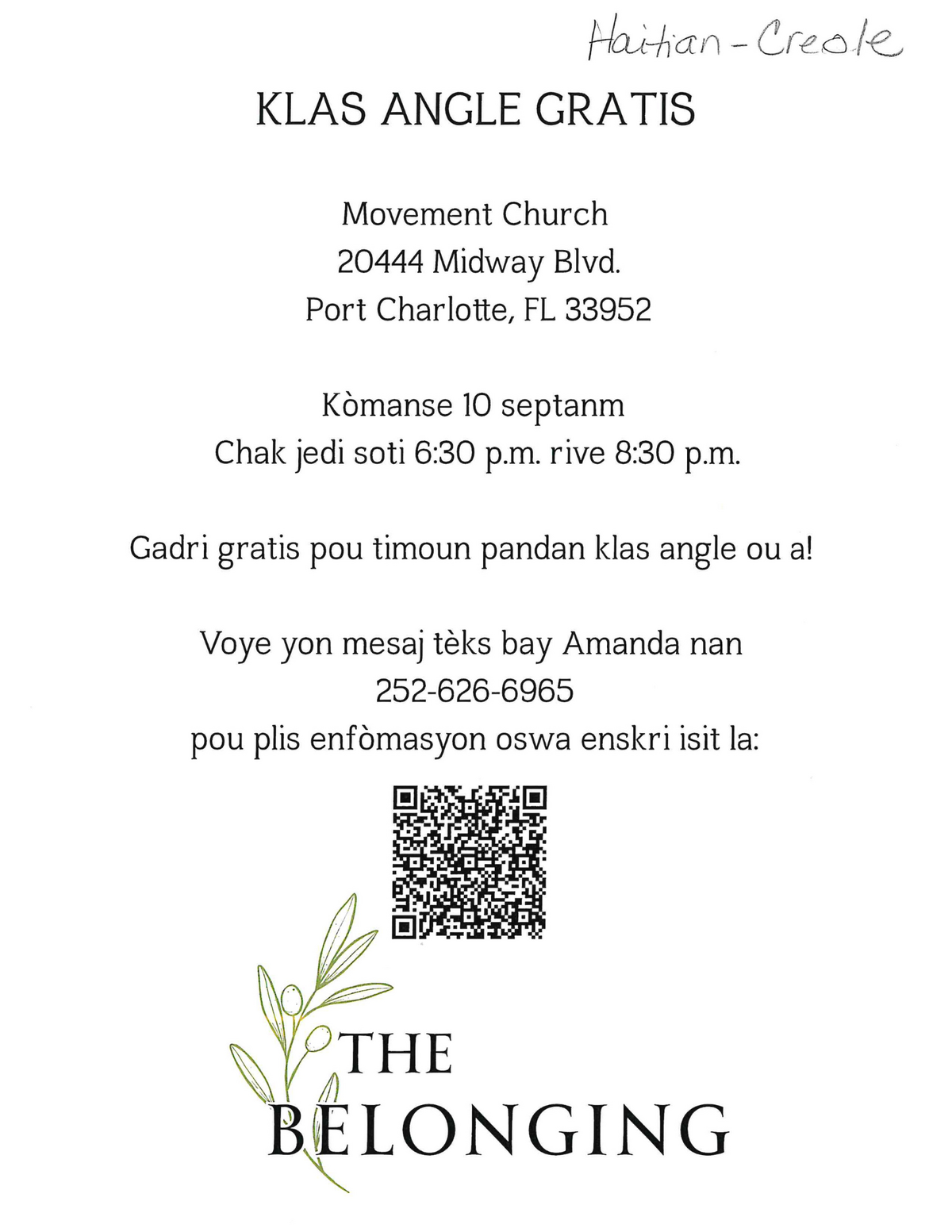 Flyer for free English classes at Movement Church in Port Charlotte, FL, starting September 10th.
