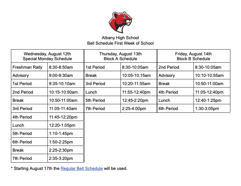 First Week of School Bell Schedule