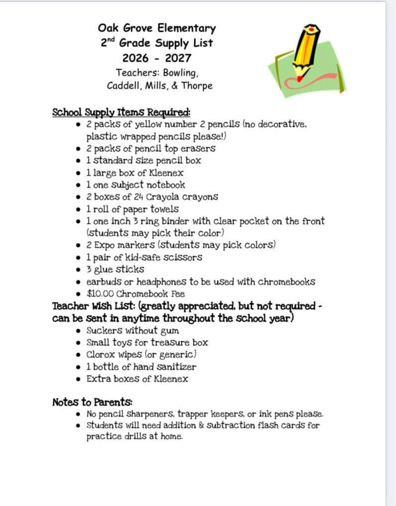 2nd Grade Supply List