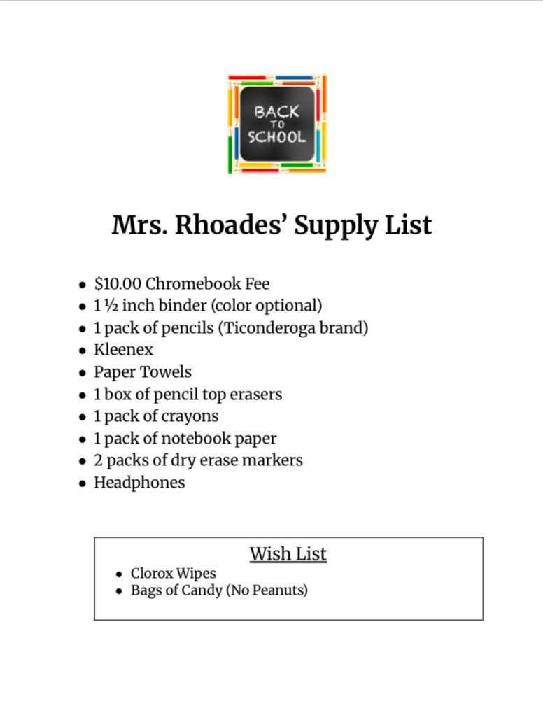 Mrs. Rhoades 3rd Grade Supply List