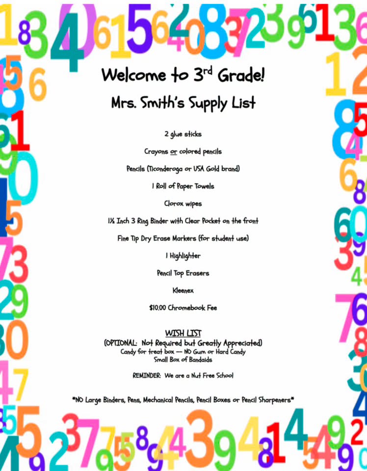 Mrs. Smith's 3rd Grade Supply List
