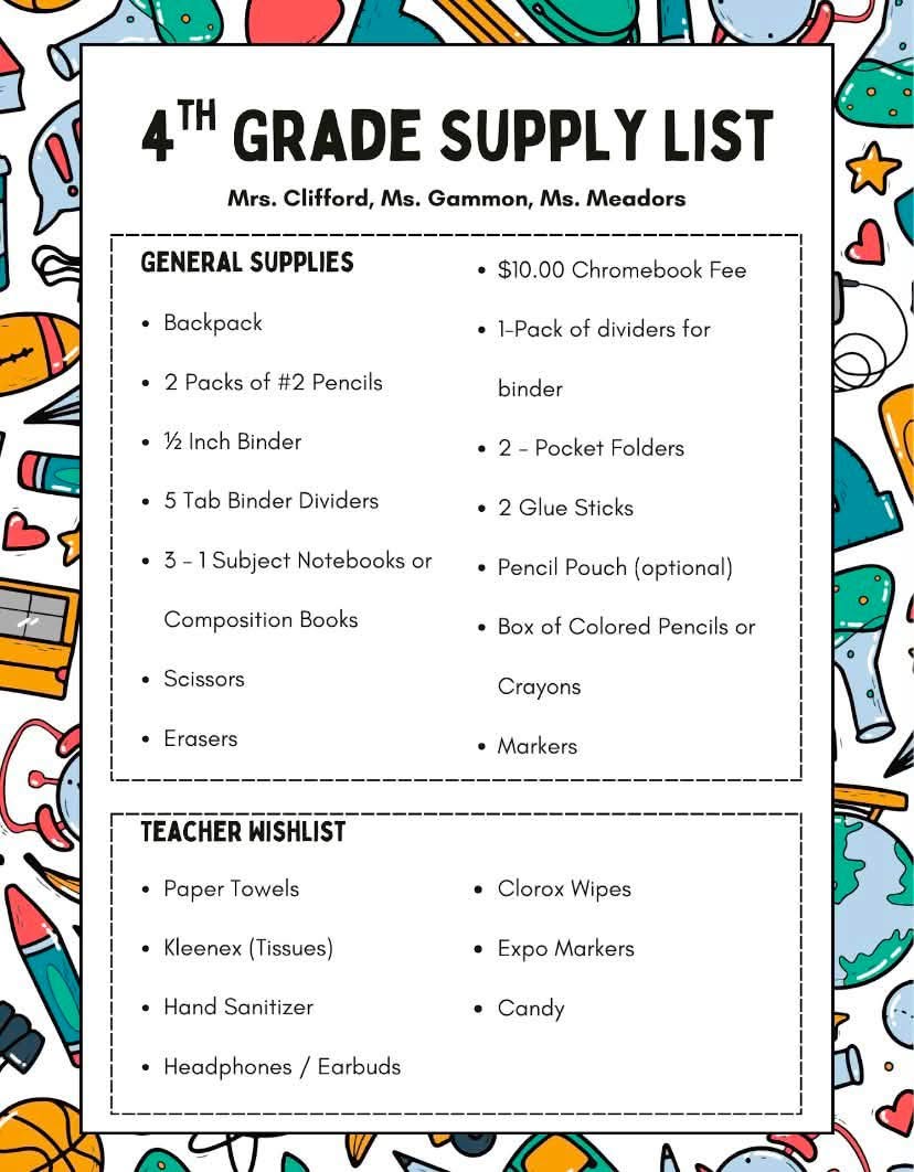 4th Grade Supply List