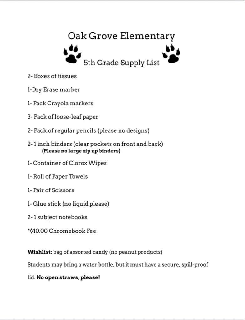 5th Grade Supply List