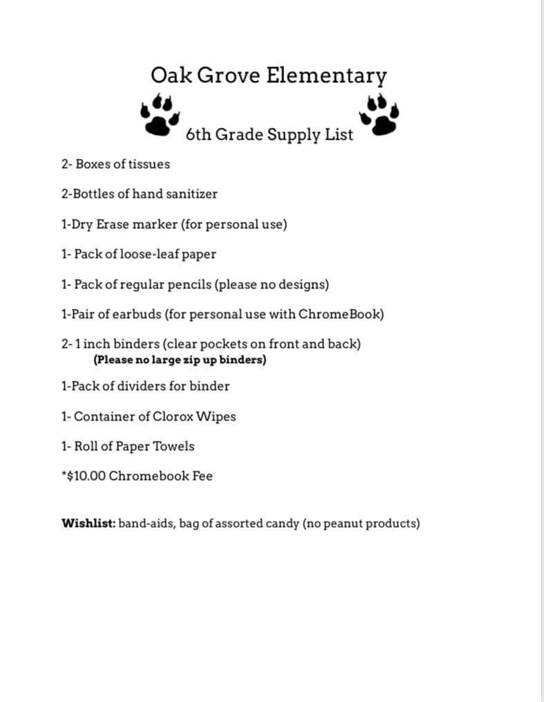 6th Grade Supply List