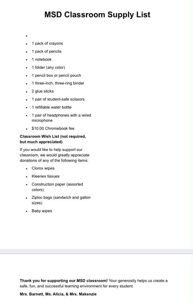 MSD Supply List