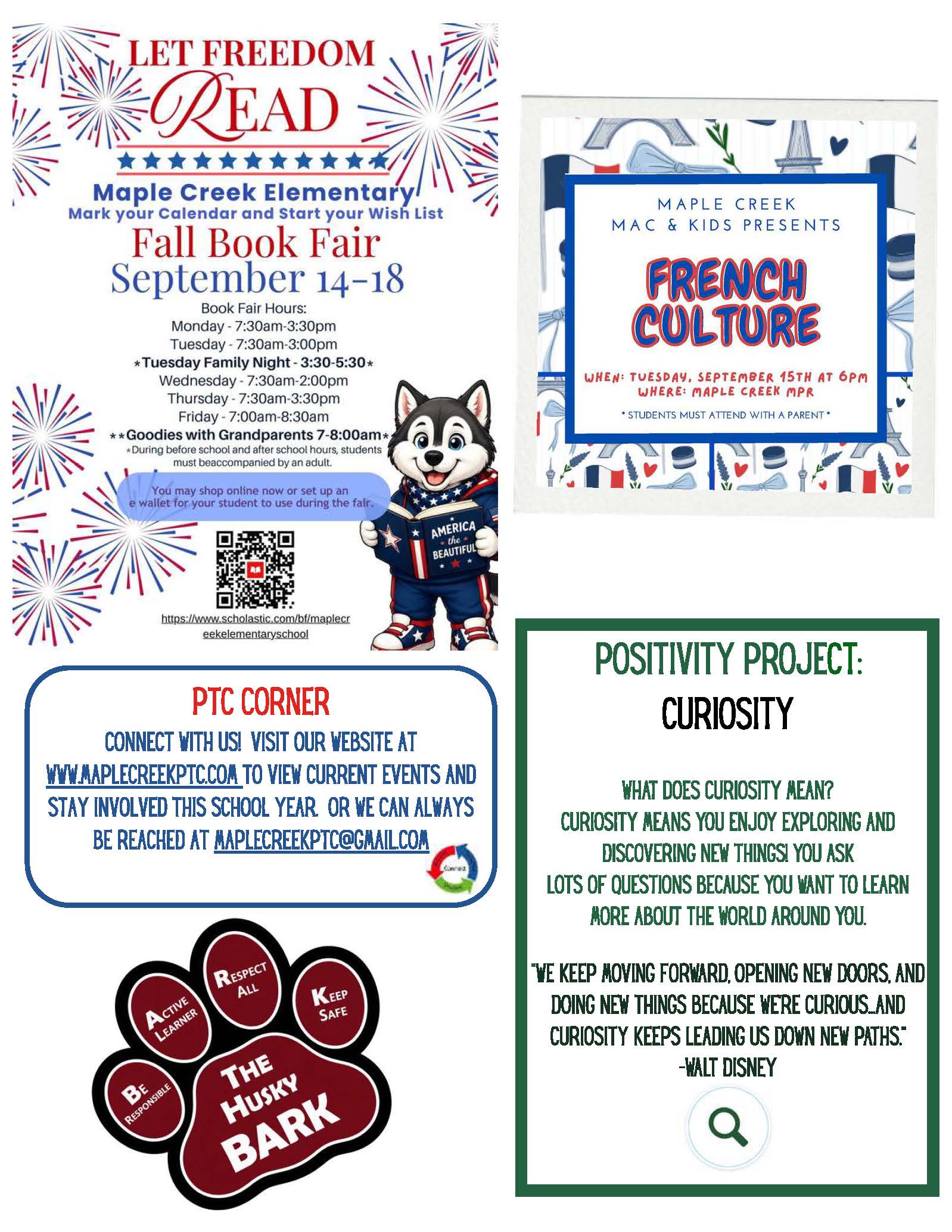 A digital flyer collage shows details for a school book fair, a French culture night, a positivity project on curiosity, and PTC updates.