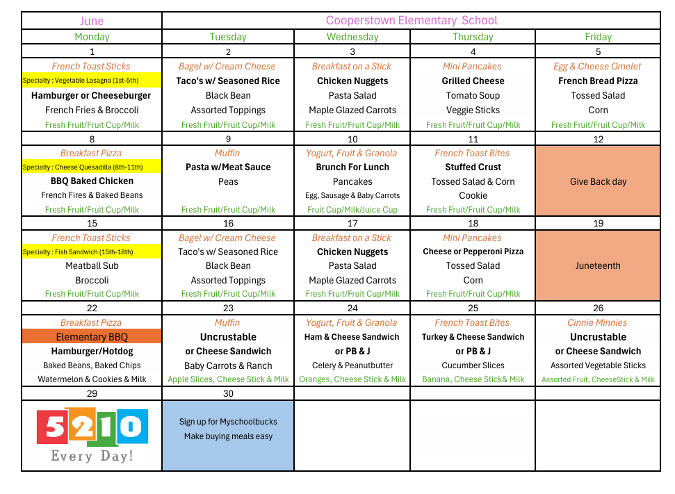 June Elementary & Jr-High Menus