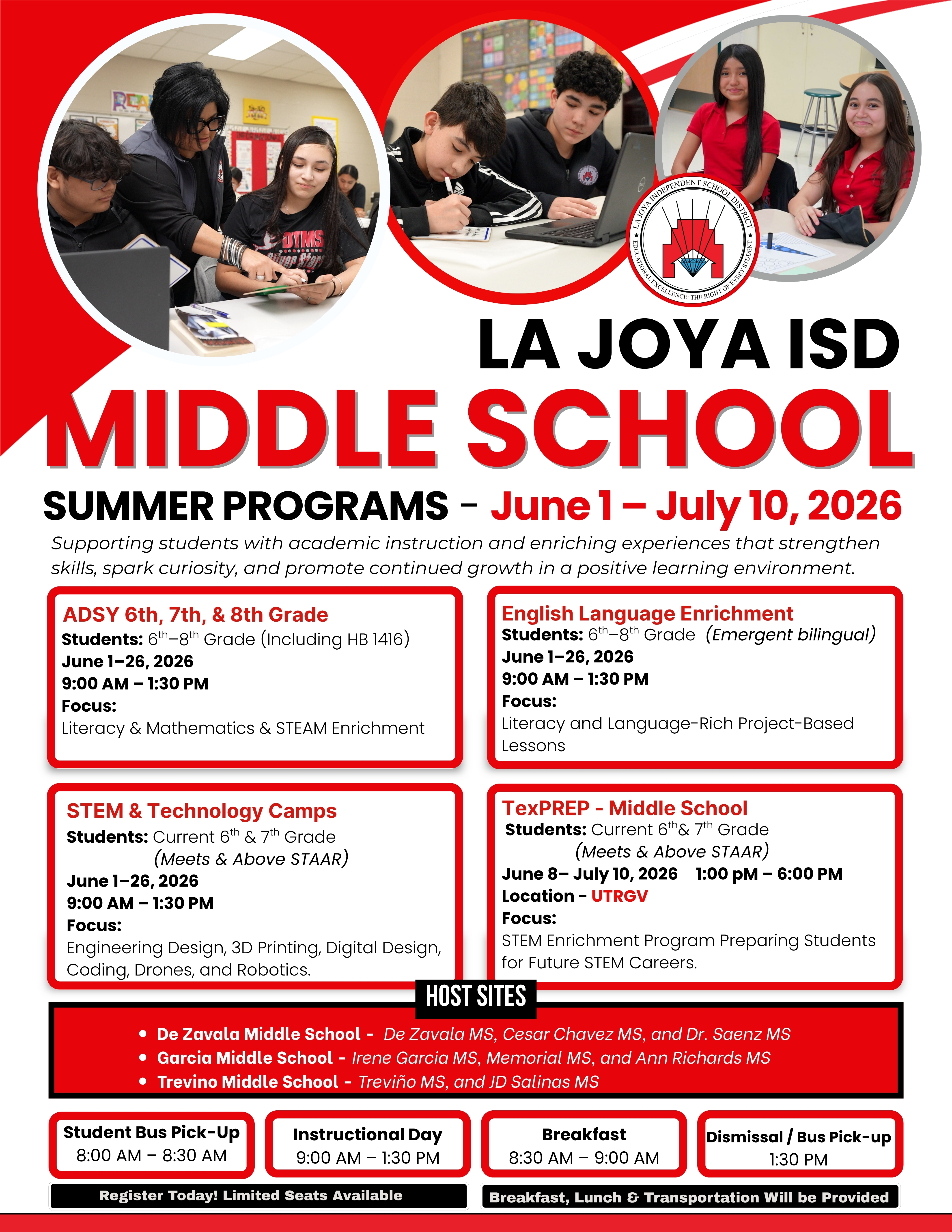 ☀️📚 Middle School Summer Programs at La Joya ISD begin Monday, June 1! 📚☀️ 