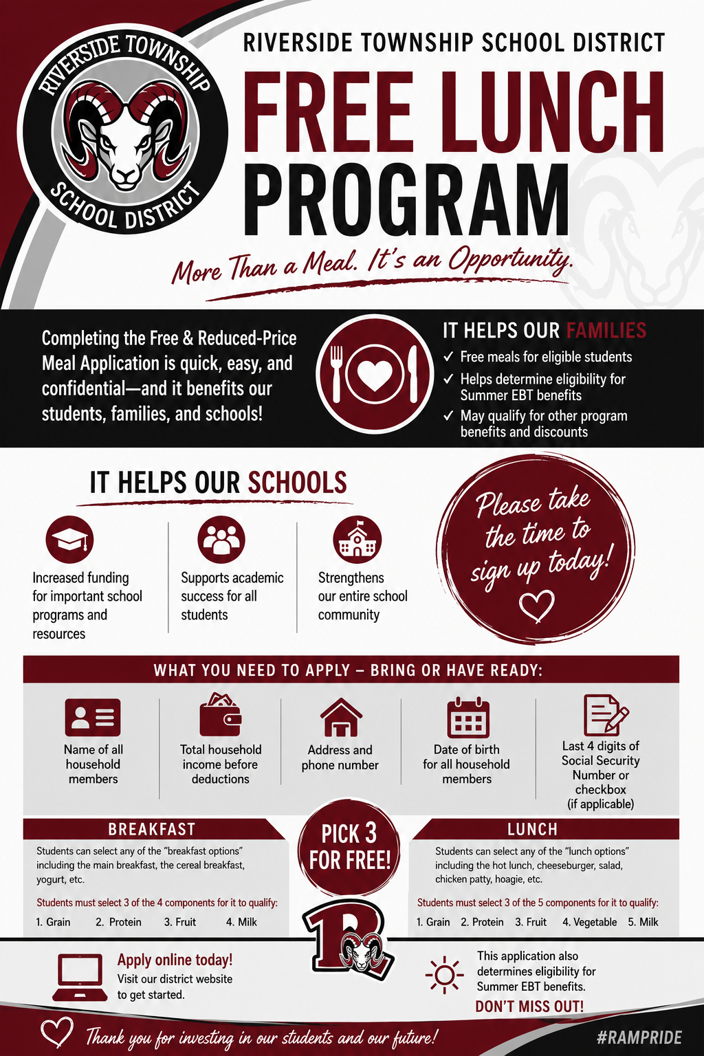 Riverside Township School District announces its Free Lunch Program with details on benefits and application requirements.