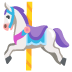 A cartoon carousel horse with a white body, purple mane, and blue bridle.