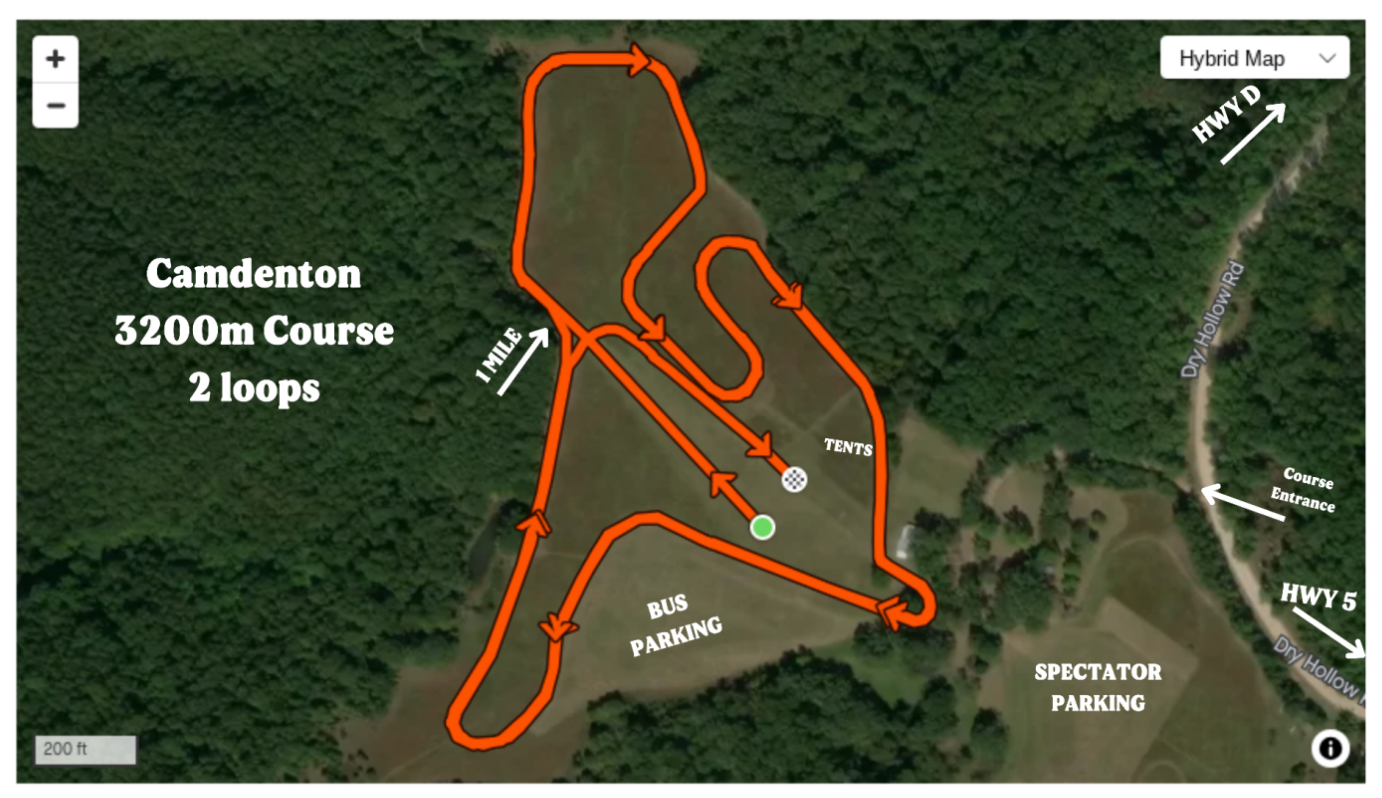 A hybrid map displays the Camdenton 3200m cross-country course, consisting of two loops mapped in orange over a wooded area.
