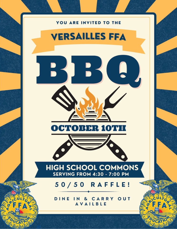 A poster for the Versailles FFA BBQ on October 10th at the High School Commons.