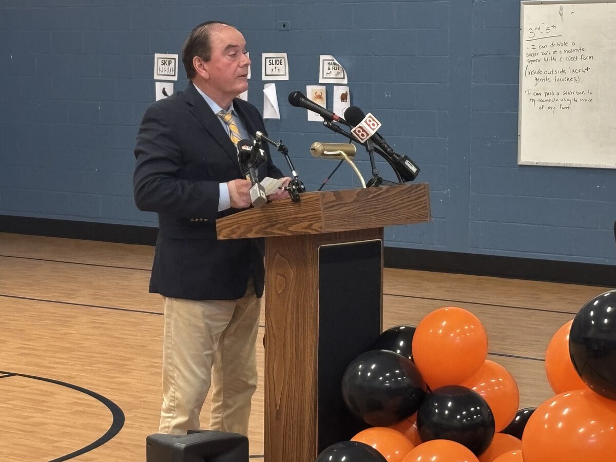 The mayor of Middletown Gene Nocera speaks at the ribbon cutting ceremony for the buddy bench