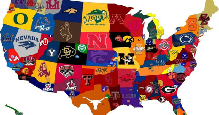 A map of the United States featuring different college sports team logos in each state.
