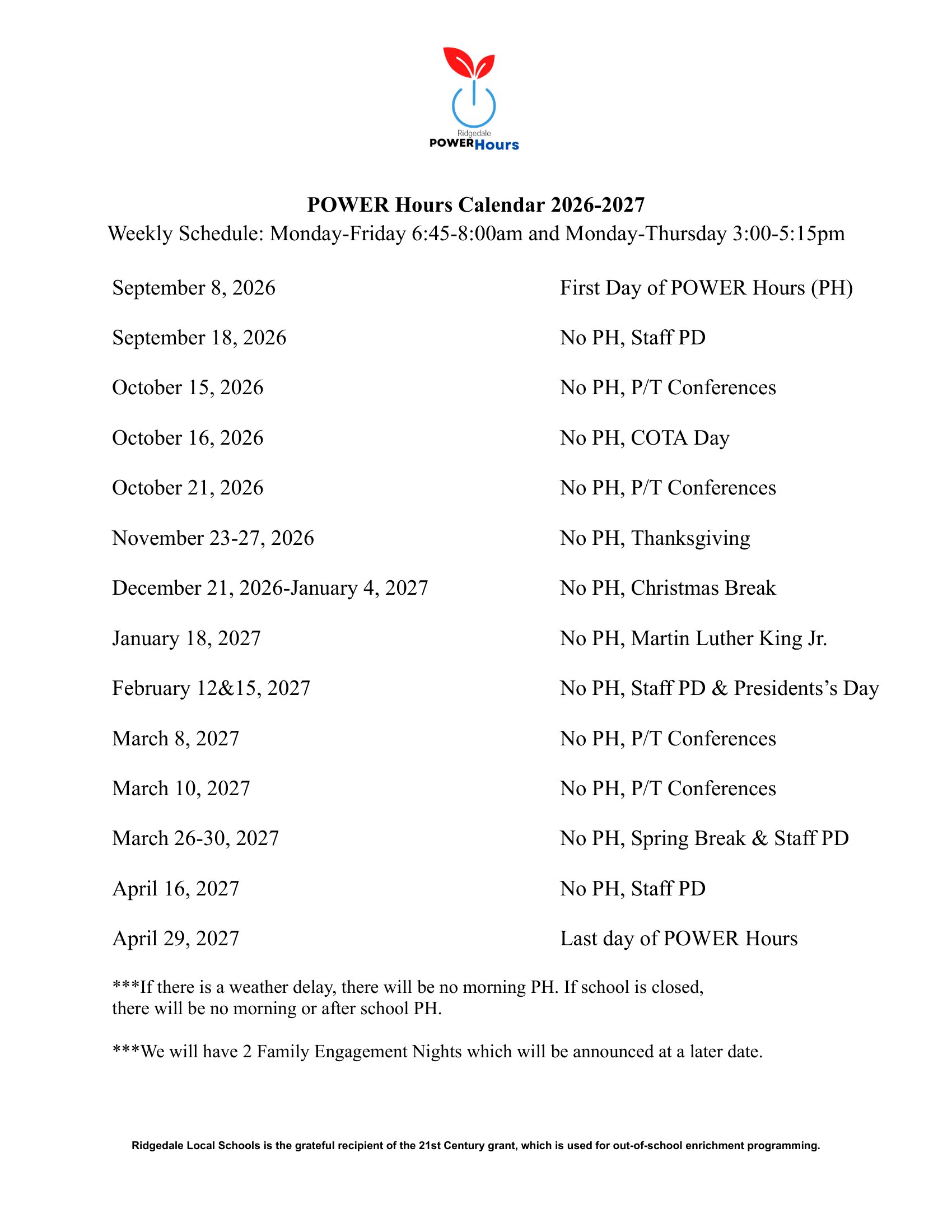 POWER Hours Calendar 2026-2027 showing weekly schedule and specific dates with events.