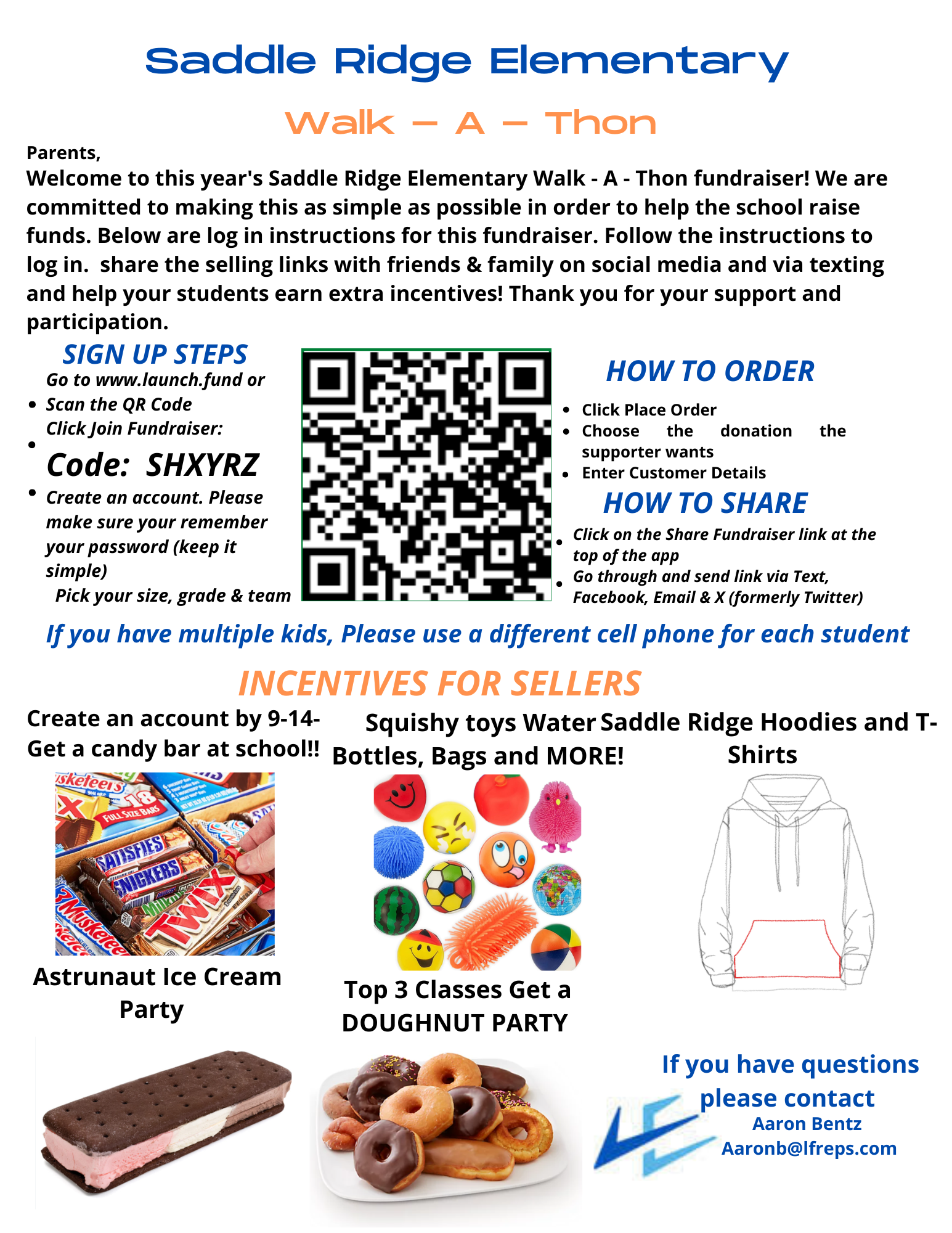 A school fundraiser flyer for Saddle Ridge Elementary Walk-A-Thon, featuring a QR code, instructions, and seller incentives.