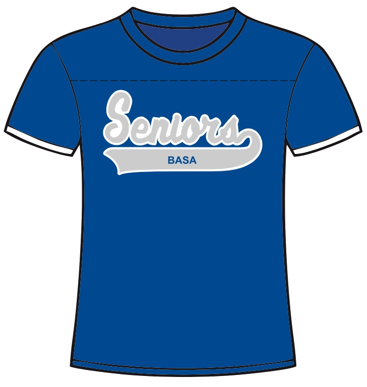 A royal blue t-shirt with white trim on the sleeves and collar, featuring the word 'Seniors' in silver script and 'BASA' in smaller white text below.