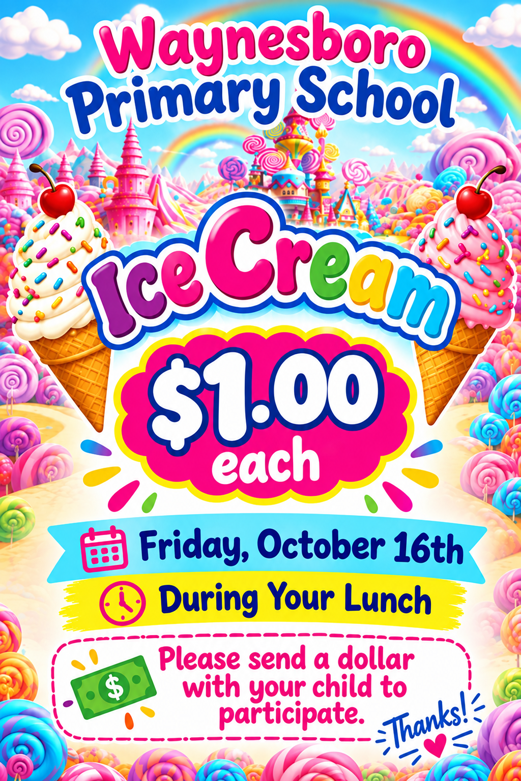 Reminder: Ice Cream tomorrow Friday, October 16th ($1 each) 
