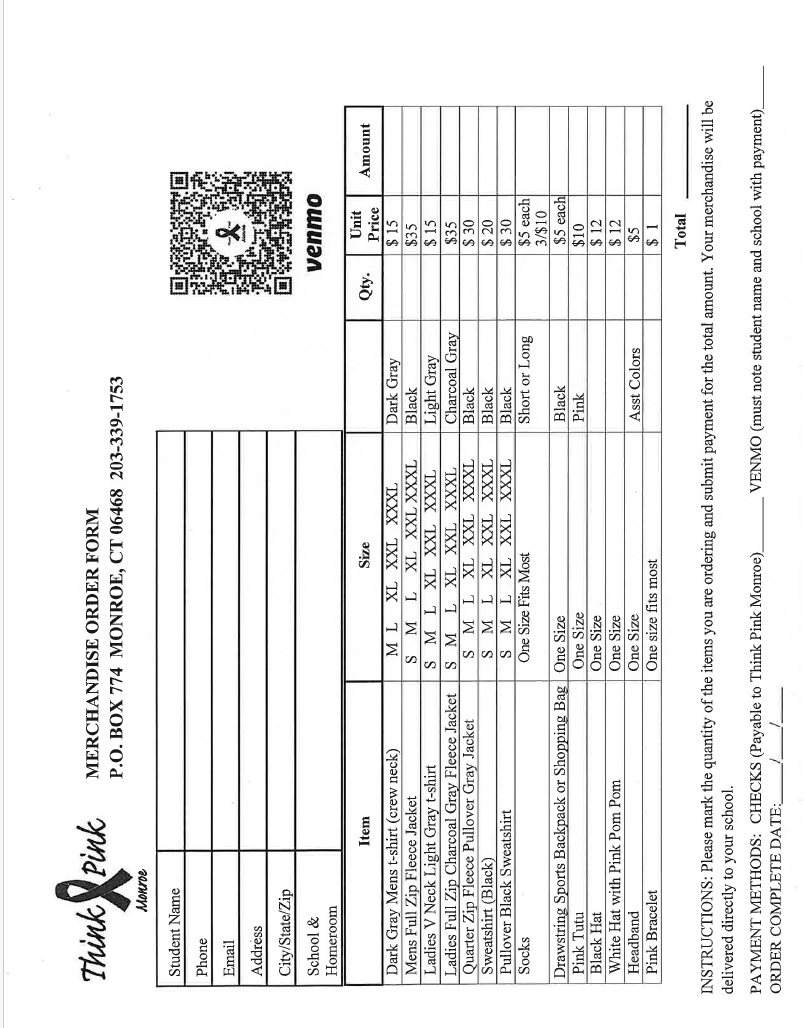 A merchandise order form from 'Think Pink Monroe' featuring a table of apparel items, prices, and a Venmo QR code.