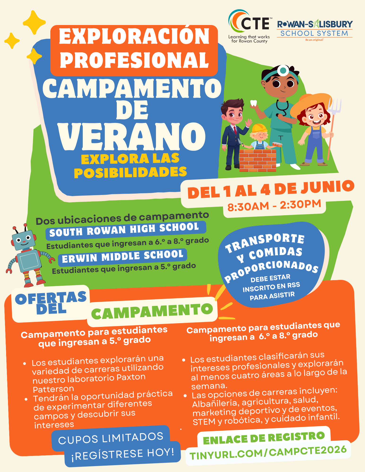 Flyer announcing registration for RSS CTE summer camp in Spanish
