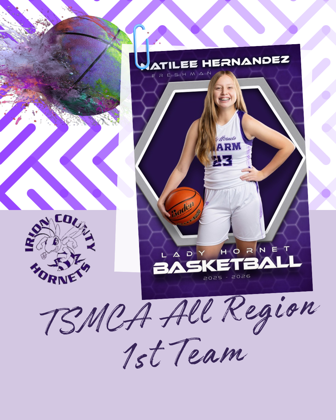 A young female basketball player, Matilee Hernandez, is featured in a graphic with the text 'TSMCA All Region 1st Team'.