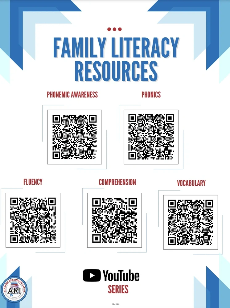 A flyer titled 'Family Literacy Resources' features QR codes for Phonemic Awareness, Phonics, Fluency, Comprehension, and Vocabulary, plus a YouTube Series logo.