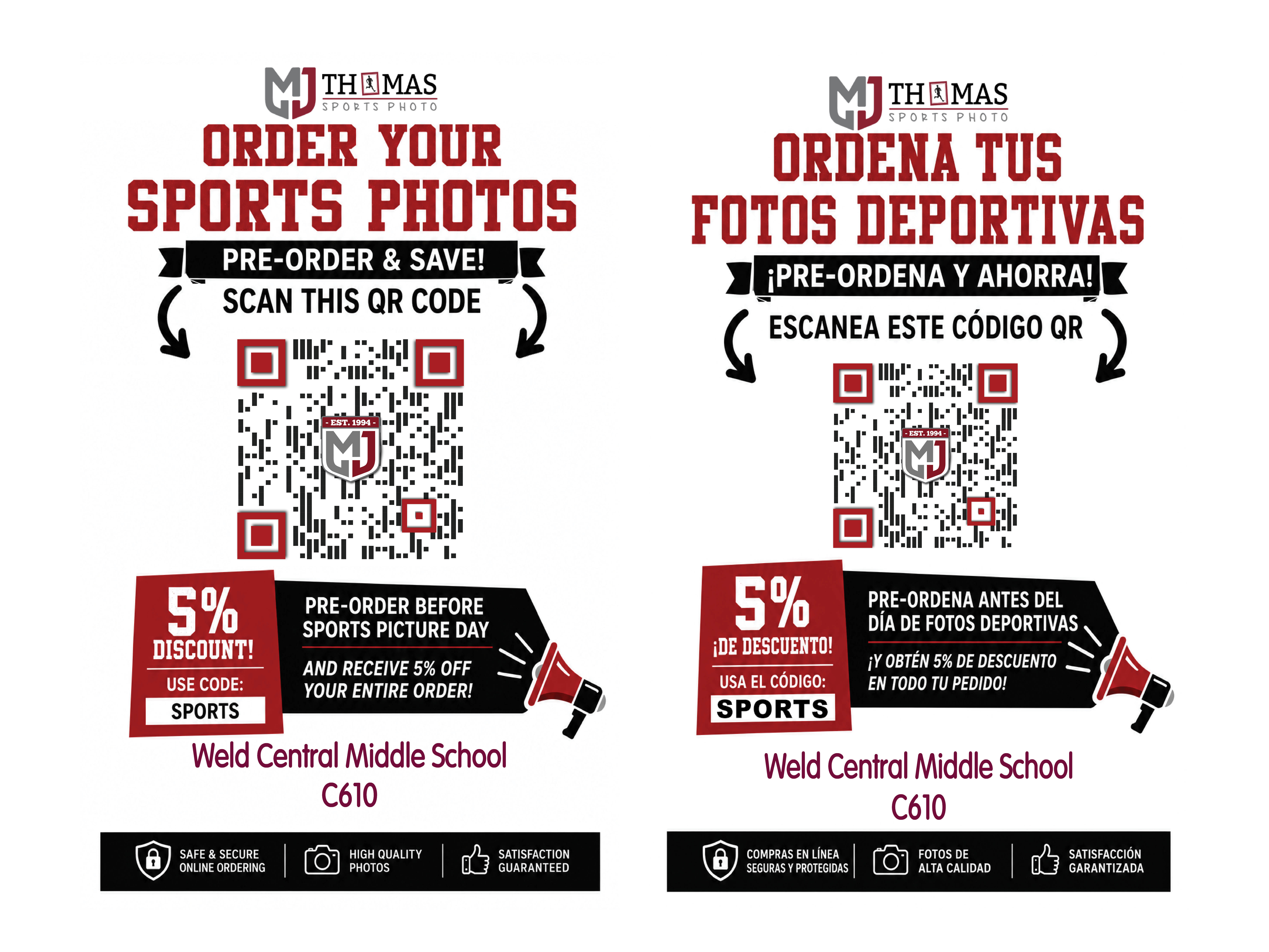 A promotional flyer in English and Spanish for ordering sports photos from MJ Thomas Sports Photo for Weld Central Middle School, featuring a QR code and a 5% discount.