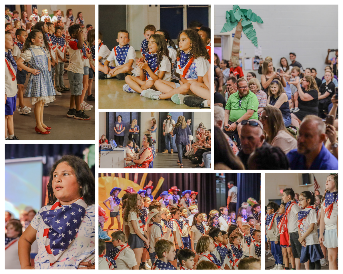 A group of children in patriotic attire stand on a stage, some wearing American flag bandanas.