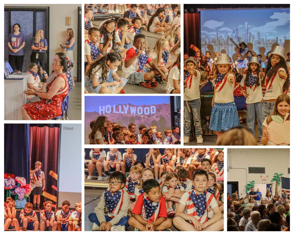 Children in patriotic attire sit on the floor, some wearing star-spangled bandanas.