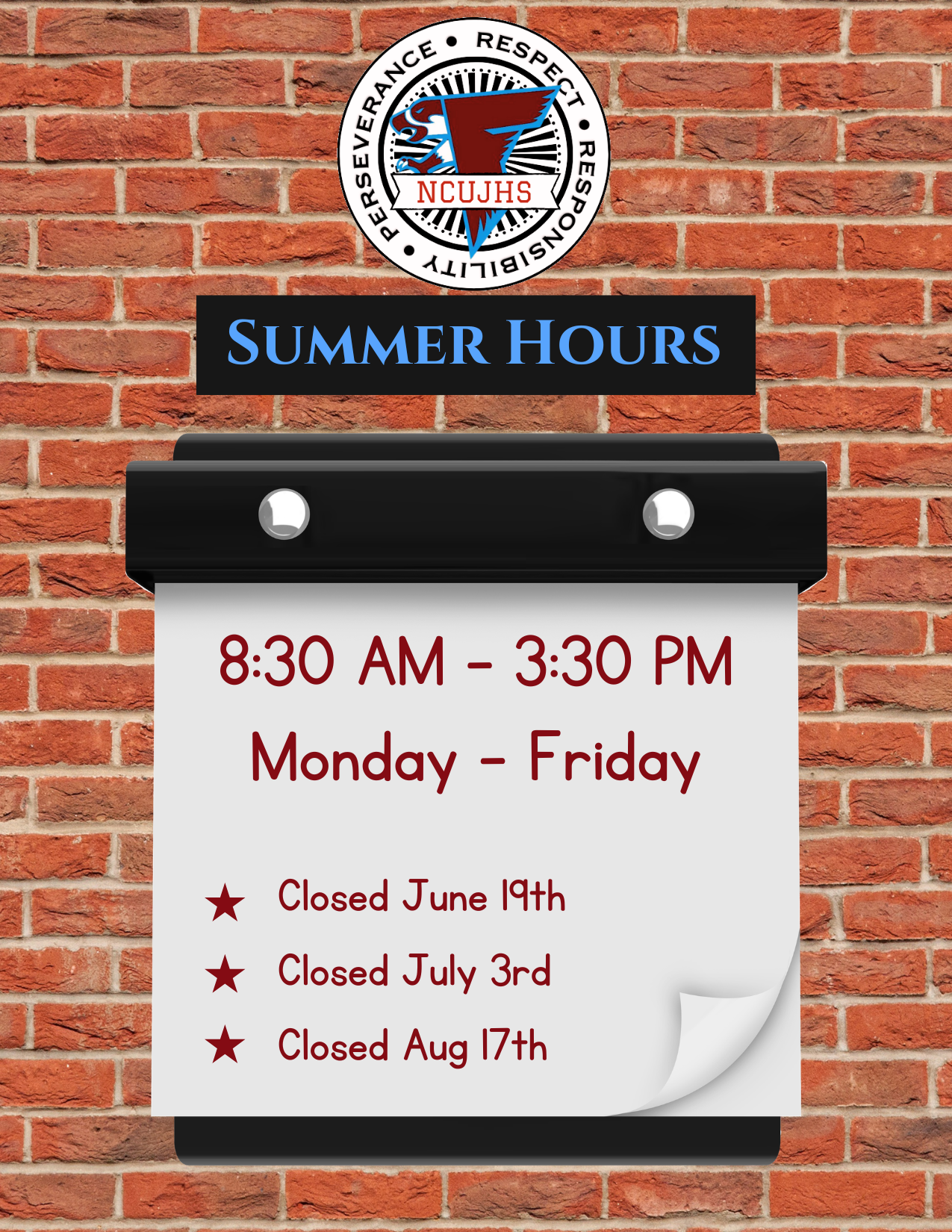 NCUJHS Summer Hours