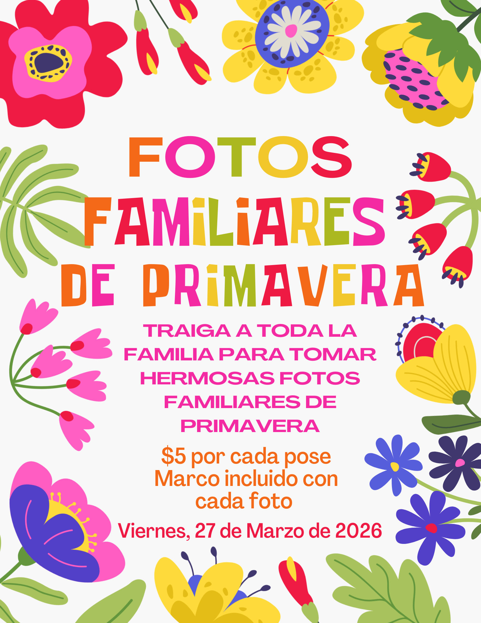 Colorful floral border frames text announcing "FOTOS FAMILIARES DE PRIMAVERA" (Spring Family Photos).