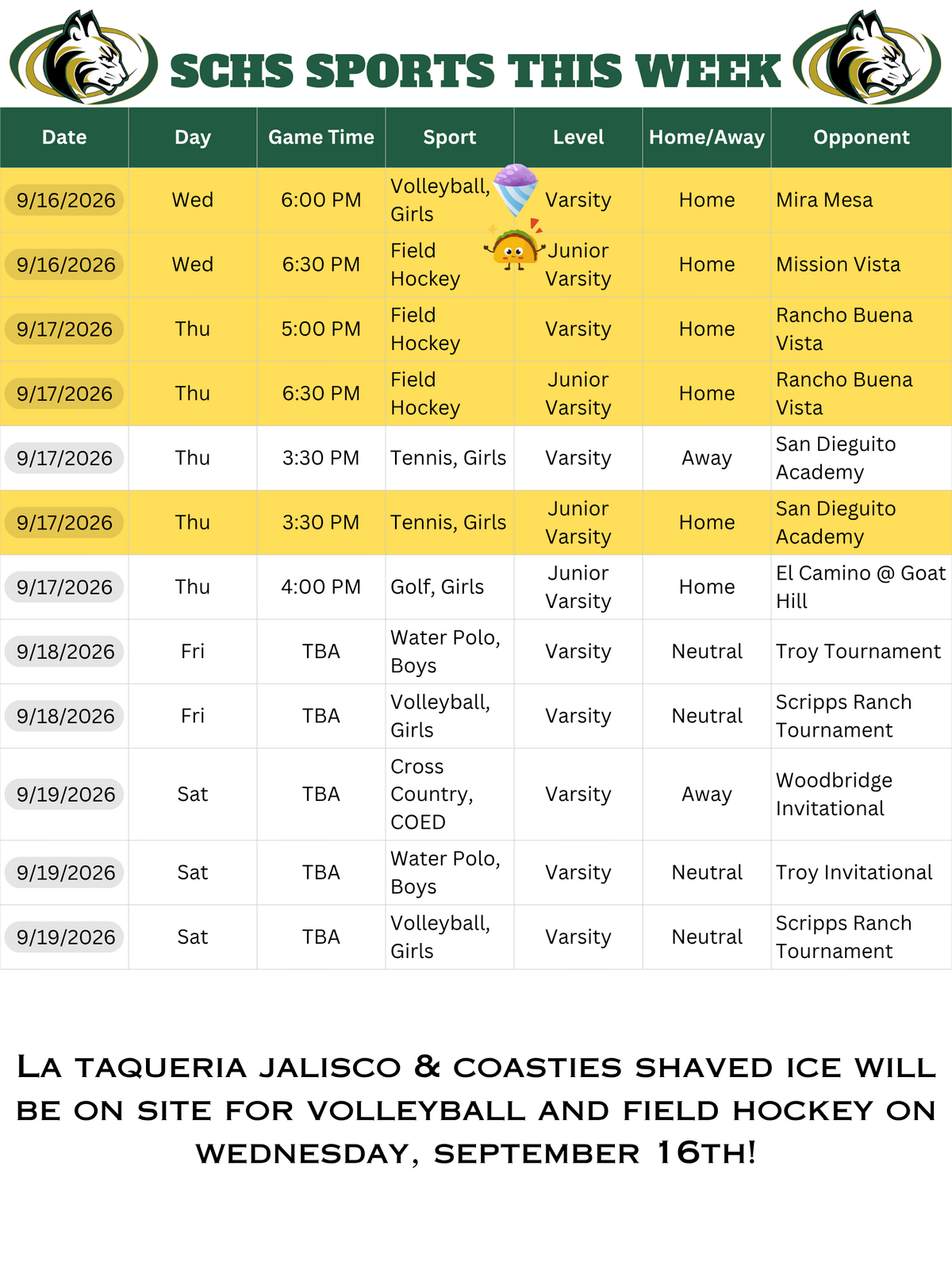 Weekly Sports Schedule