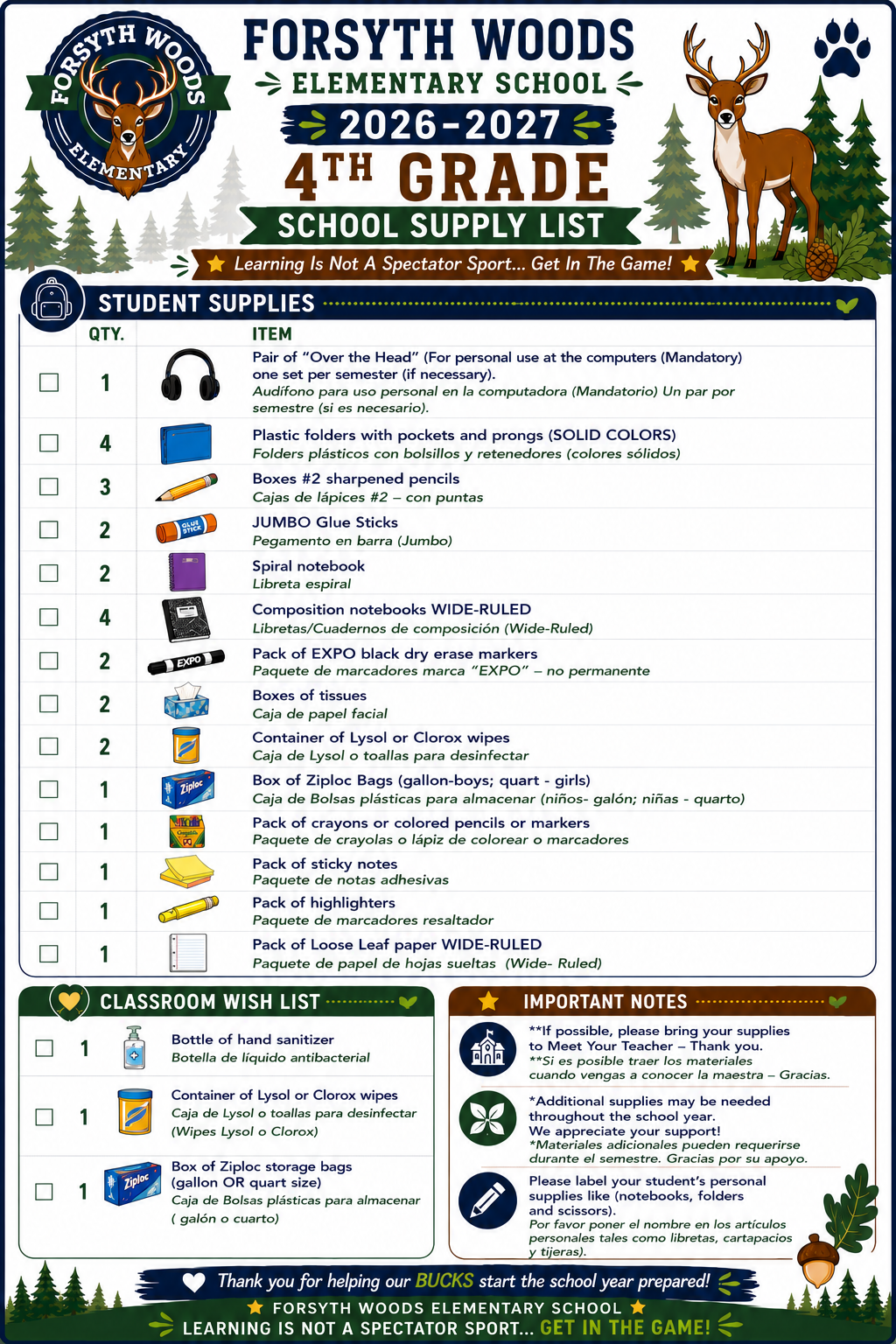 Forsyth Woods Elementary School 4th Grade School Supply List for 2026-2027.
