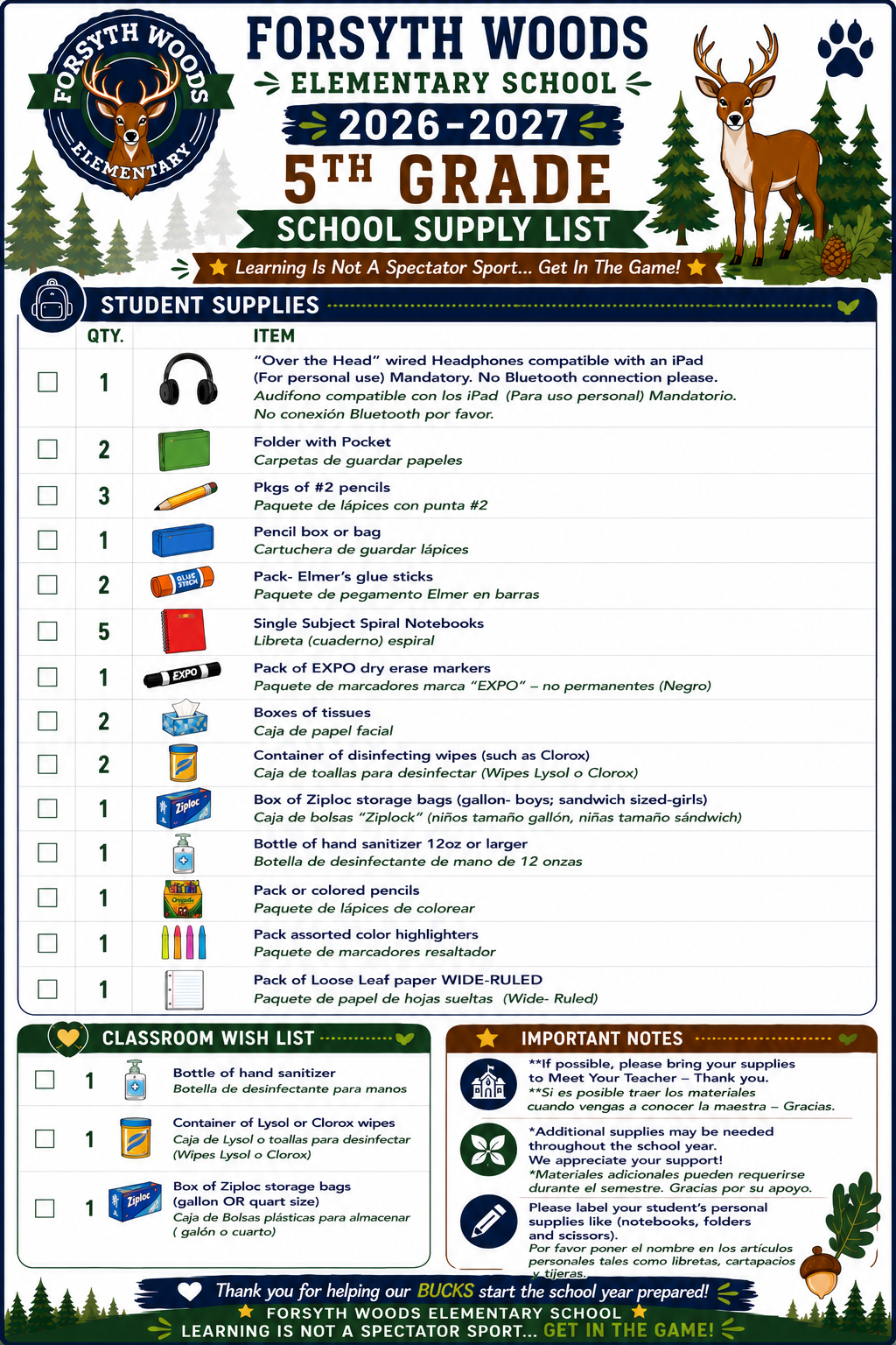 Forsyth Woods Elementary School 5th Grade School Supply List for 2026-2027, featuring items like headphones, pencils, and notebooks.