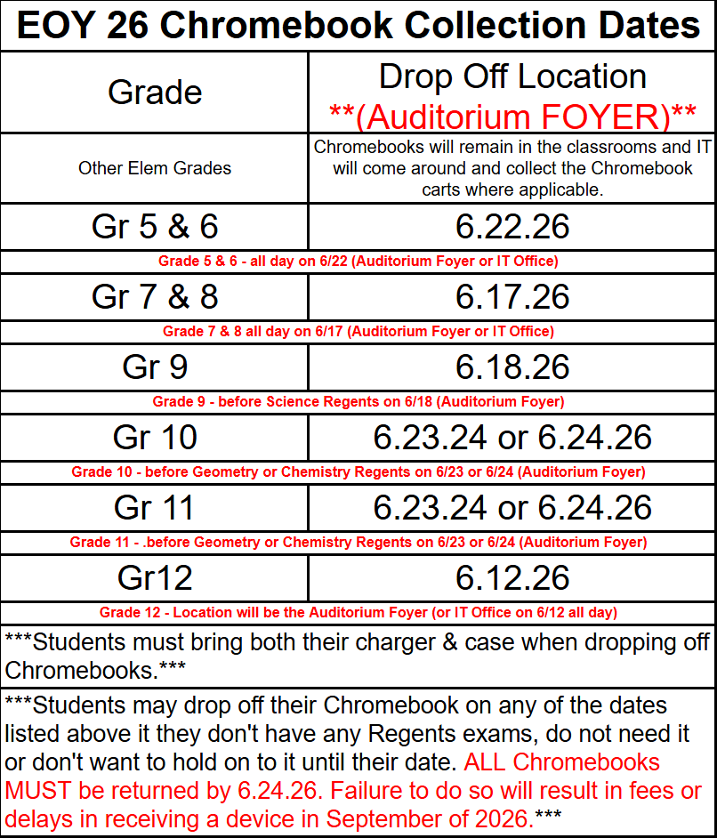 *REMINDER* 2026 Chromebook Collection / Return Schedule!!