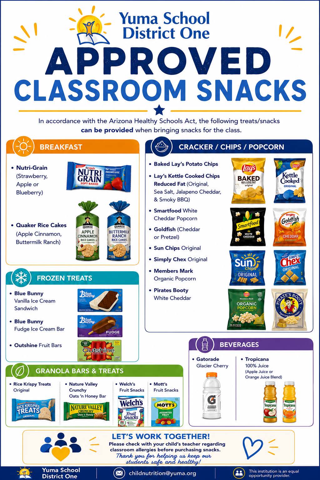 AZ Health Schools approved classroom snacks list, categorized by breakfast, frozen treats, granola bars, crackers/chips/popcorn, and beverages.