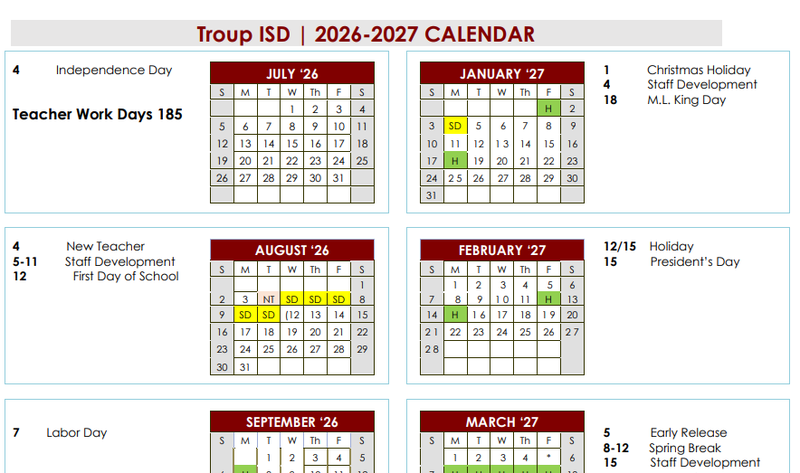 2026-2027 Troup ISD Calendar