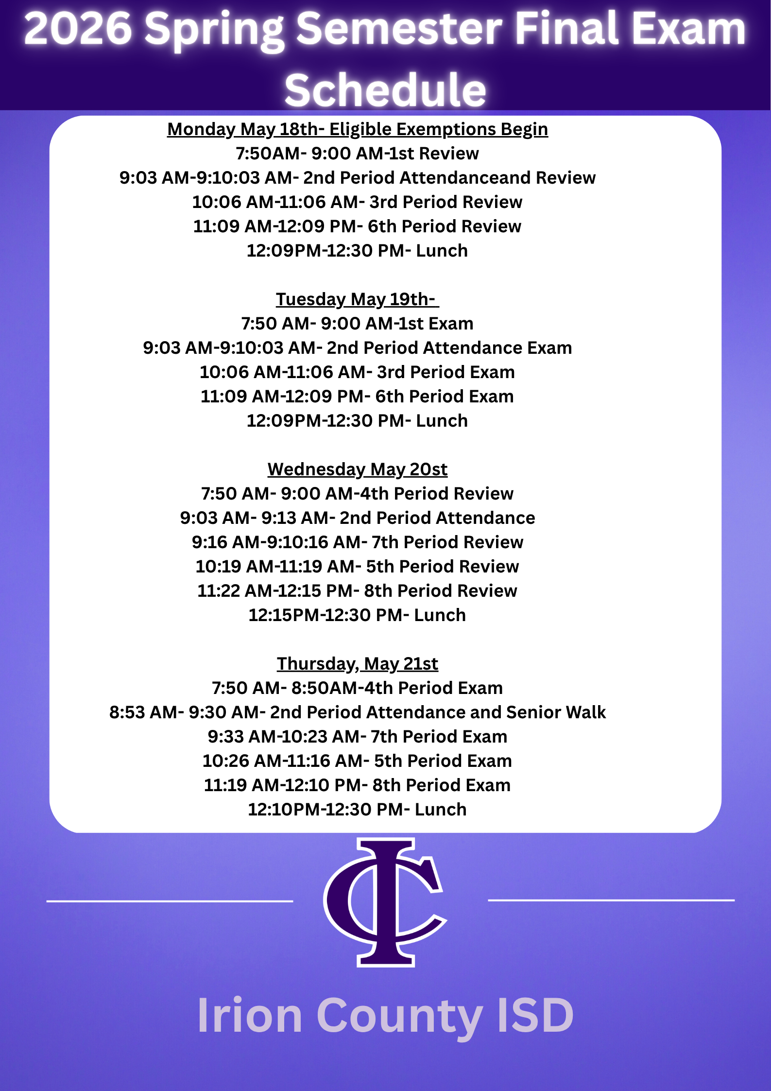 2026 Spring Semester Final Exam Schedule