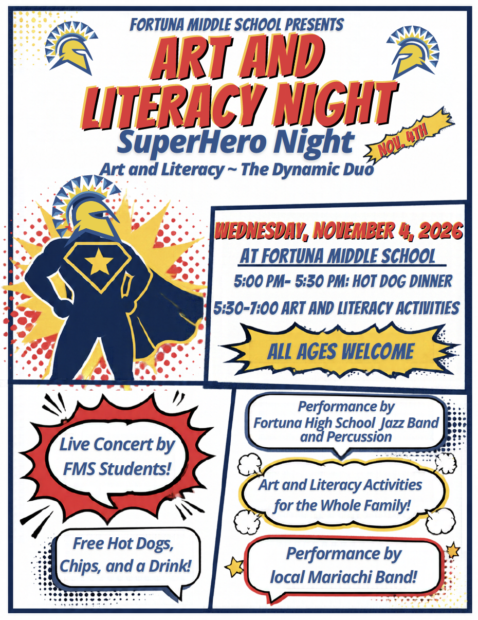 A colorful flyer for Fortuna Middle School's Art and Literacy Night, themed around superheroes.